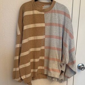 Free People Brown and Gray Striped Crewneck Sweater